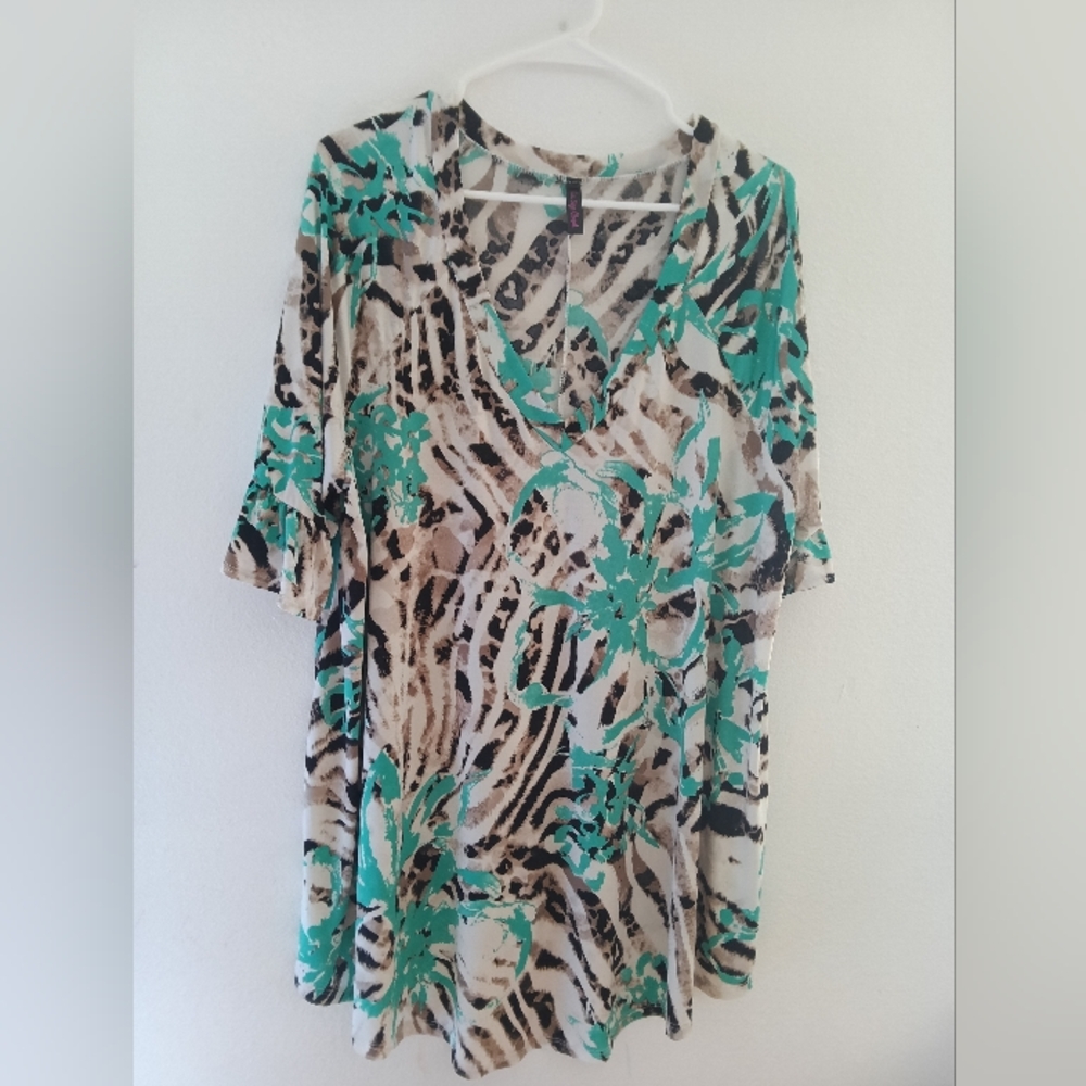 V-Neck Floral & Animal Print Tunic in Teal and Beige
